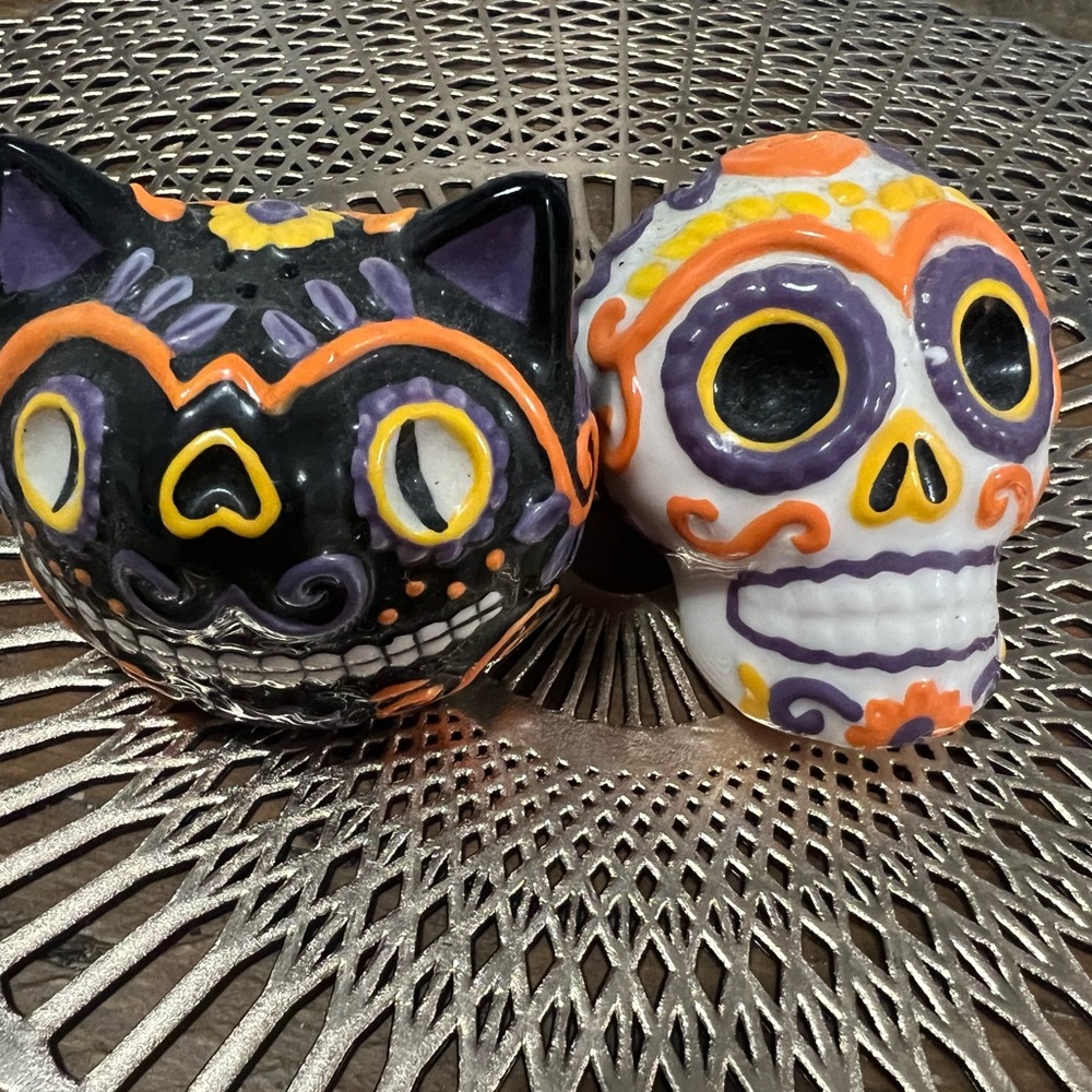 Day of the Dead Halloween Skull and Cat Salt‎ and Pepper Shakers